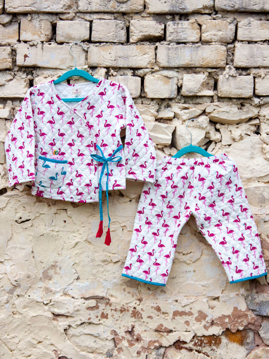 Flamingo Quilted Organic Cotton Block Printed Angrakha Set