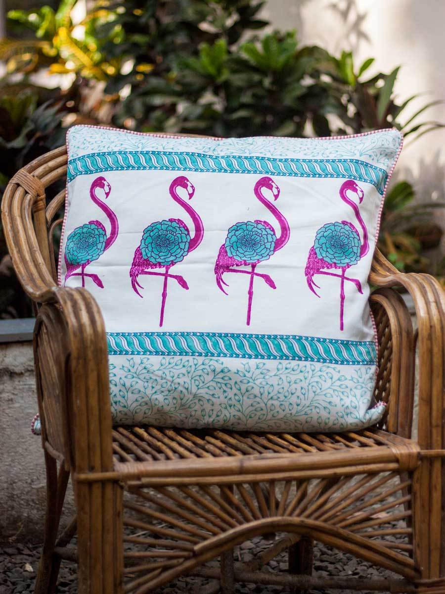 Flamingo Block Printed Cotton Cushion Cover - 24 Inch