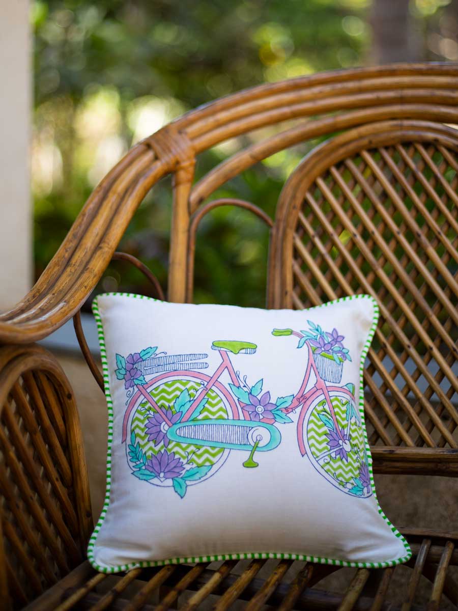 Heavenly Ride Block Printed Cotton Cushion Cover - 12 Inch