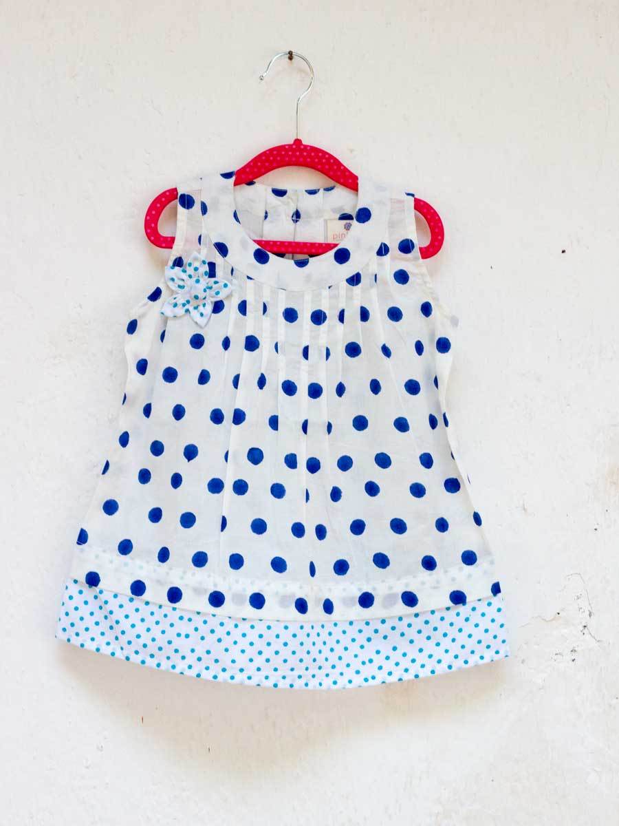 Indigo Polka PinTuck Block Printed Cotton Frock