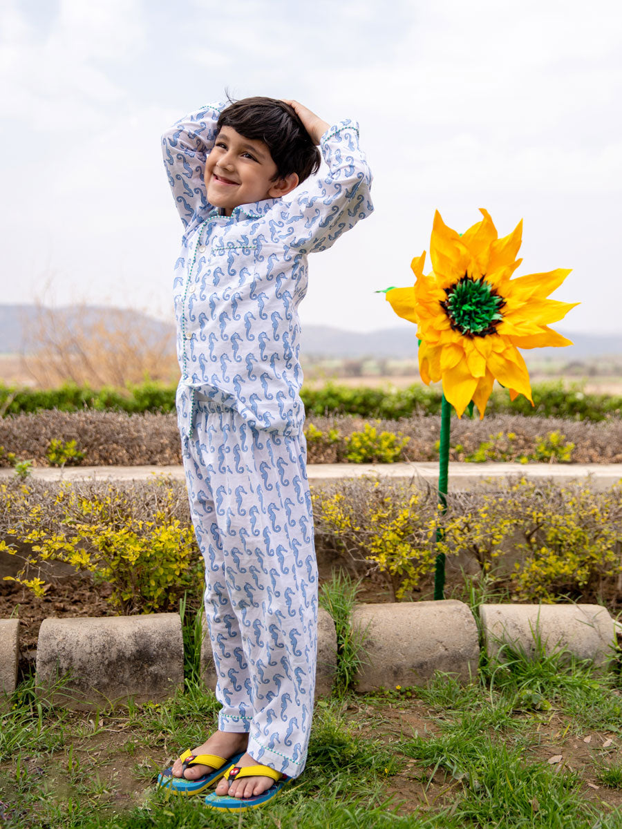 Seahorse Block Printed Cotton Top & Pyjama Set
