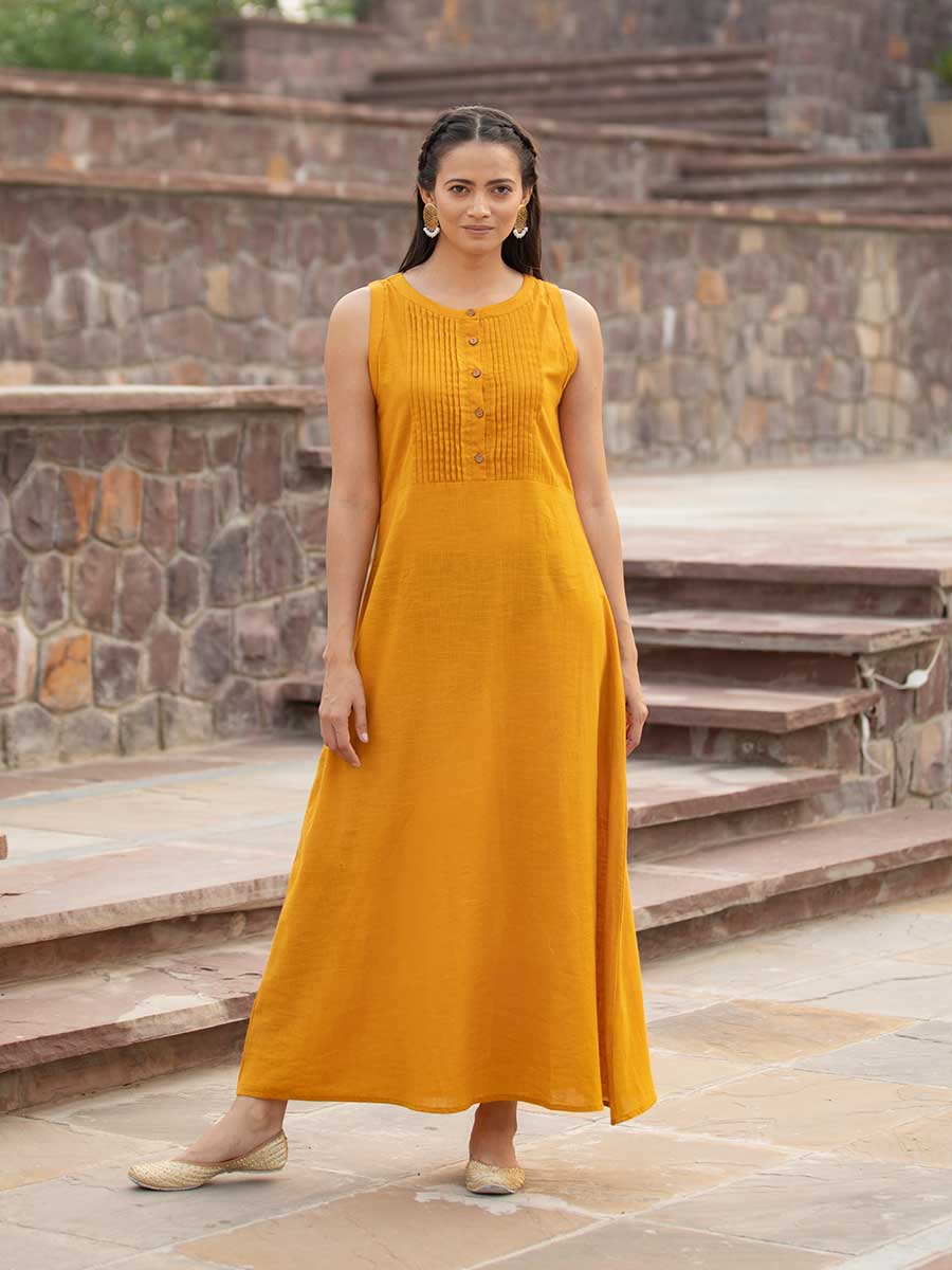 Mustard Yellow Sleeveless Cotton Pintuck Dress