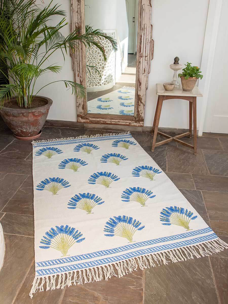 Travelers Palm Block Printed Cotton Dhurrie Rug