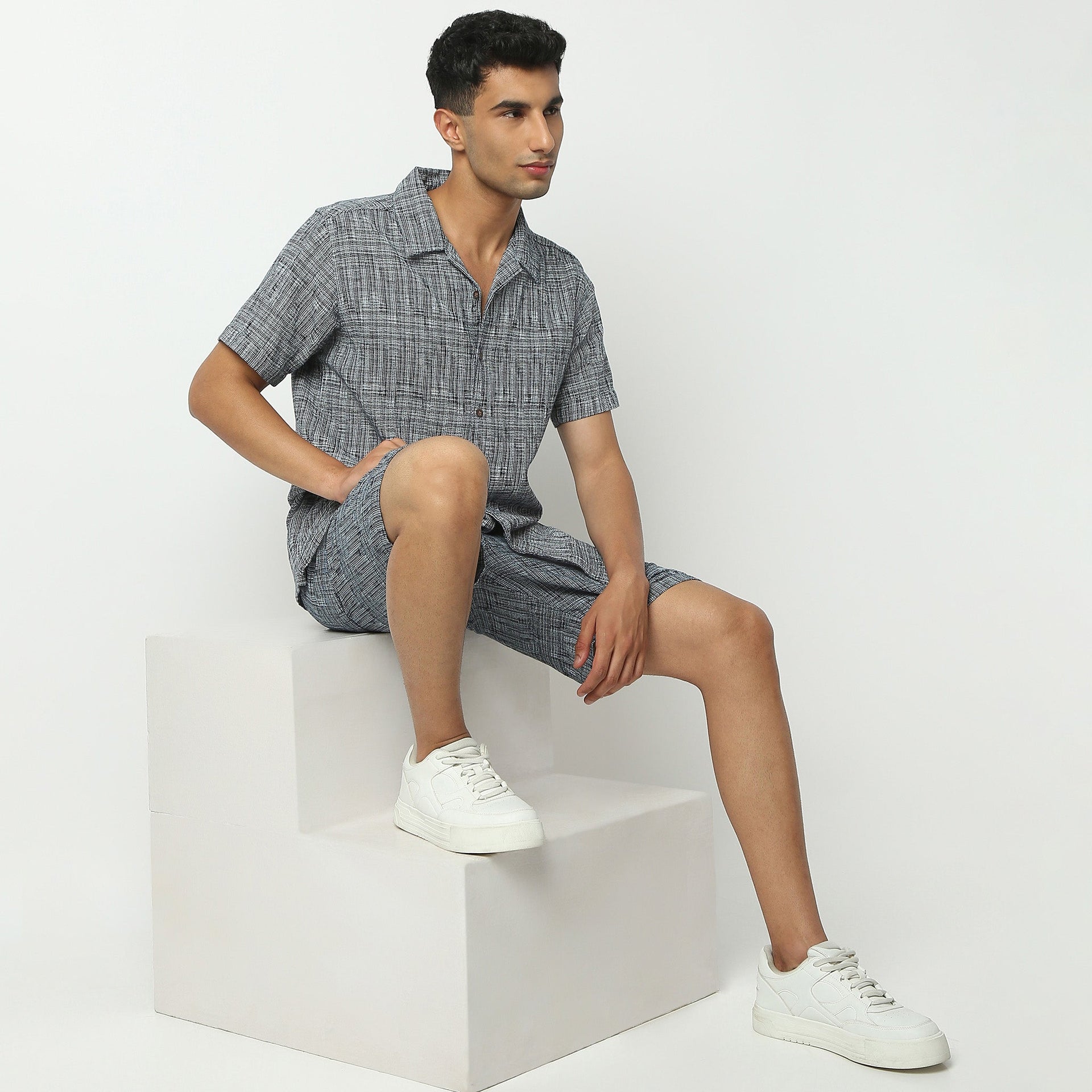 Camp Collar Half Sleeve Yarn Dyed Textured Mood Shirt