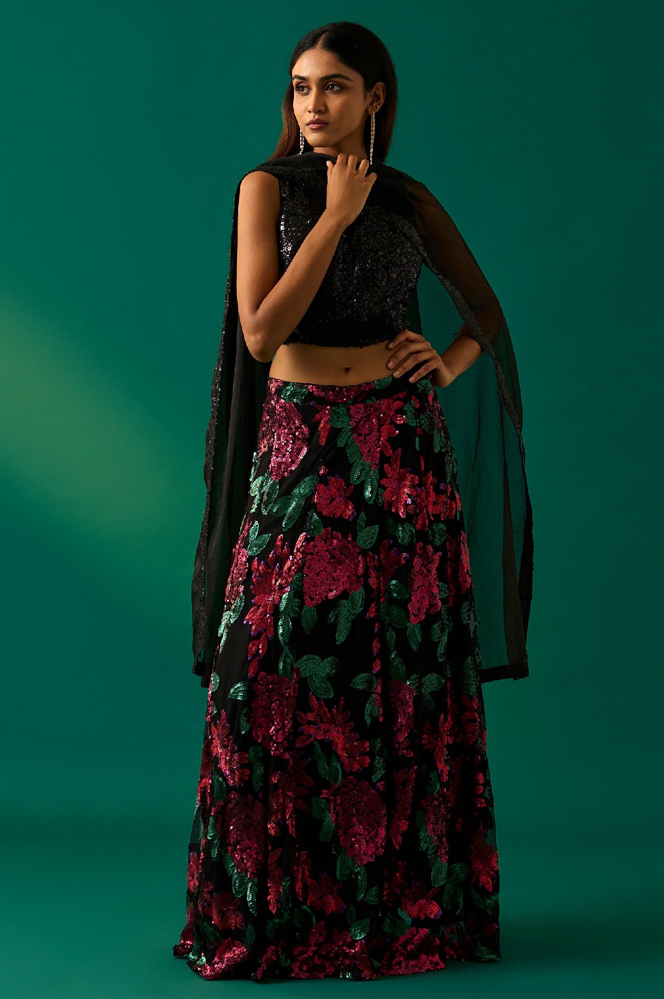 Black Sequin Embellished Straight Blouse with Skirt and Dupatta Set