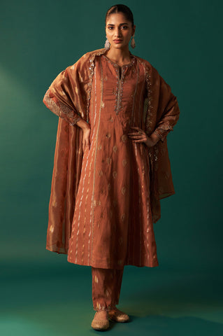 Copper Brown Metallic Embroidered Flared Chanderi Kurta with Straight Pant and Dupatta Set