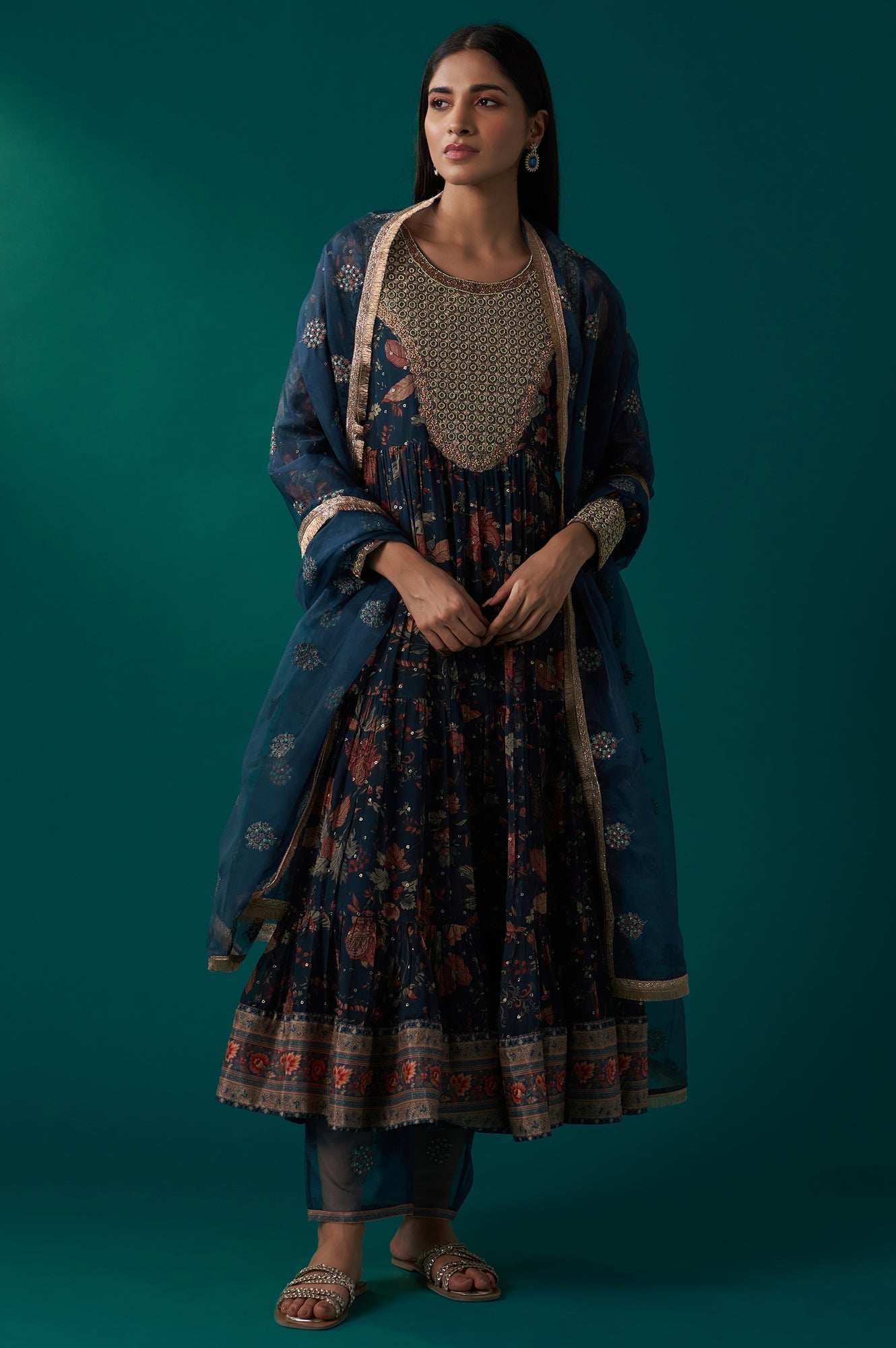 Teal Floral Printed Metallic Embroidery Anarkali Kurta with Parallel Pants and Dupatta Set