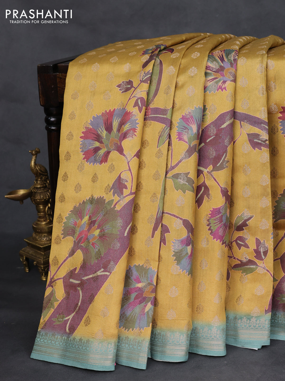 Chiniya silk saree mustard yellow and teal shade with woven buttas & digital prints and zari woven border