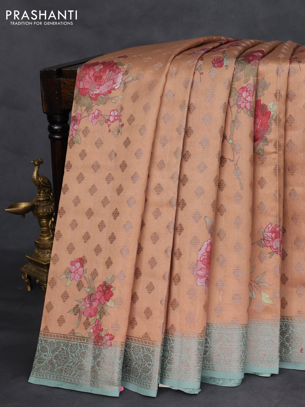 Chiniya silk saree dark sandal and pastel blue with woven buttas & digital prints and zari woven border