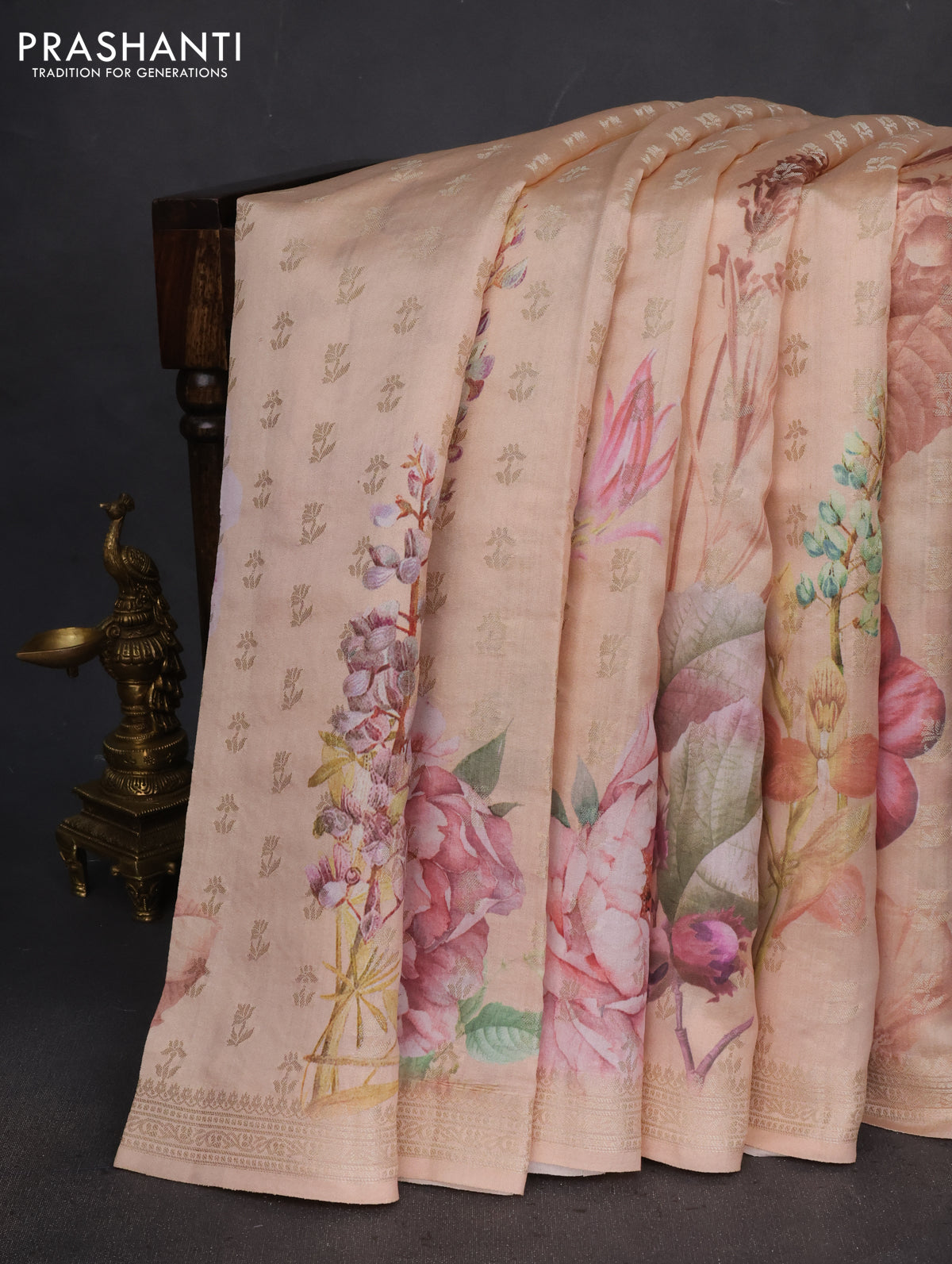 Chiniya silk saree pale orange with allover woven buttas & floral digital prints and zari woven border