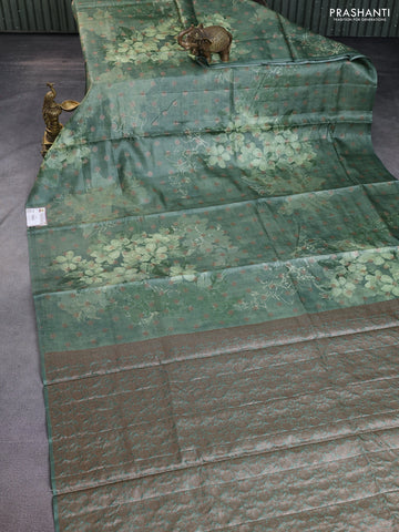 Banarasi tussar silk saree green with woven buttas & floral digital prints and piping border