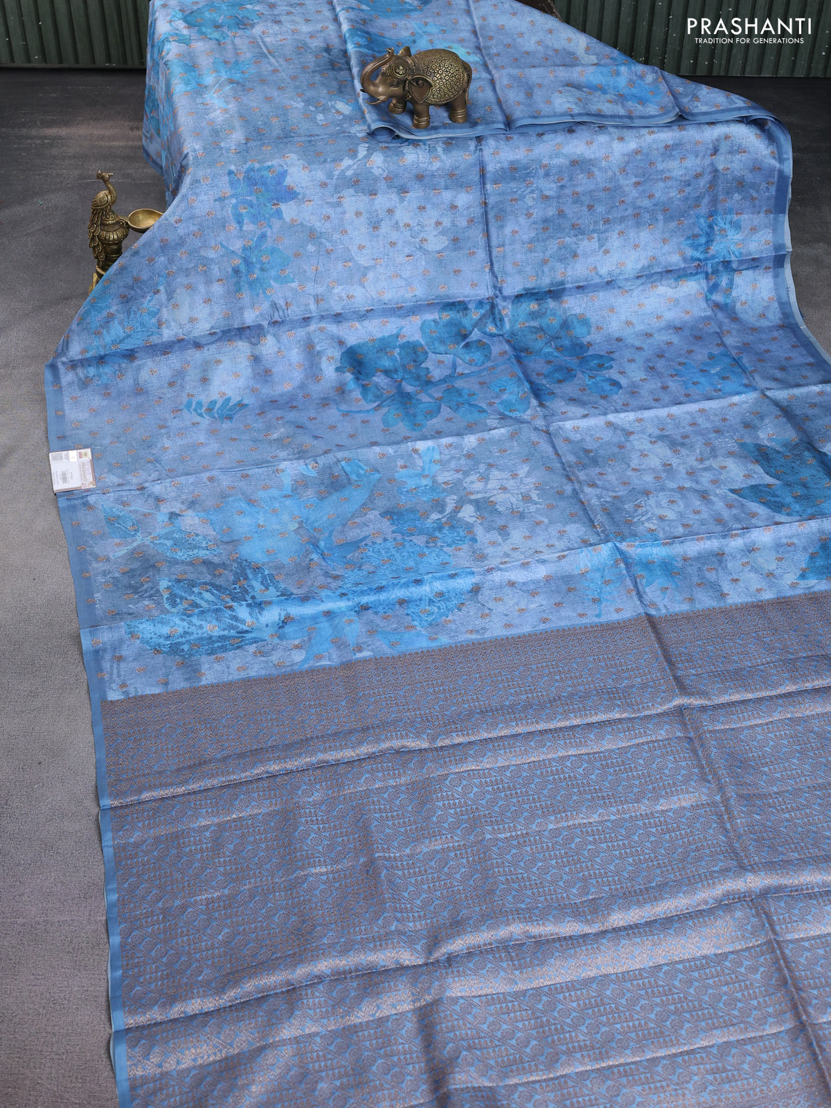 Banarasi tussar silk saree pastel blue with woven buttas & floral digital prints and piping border