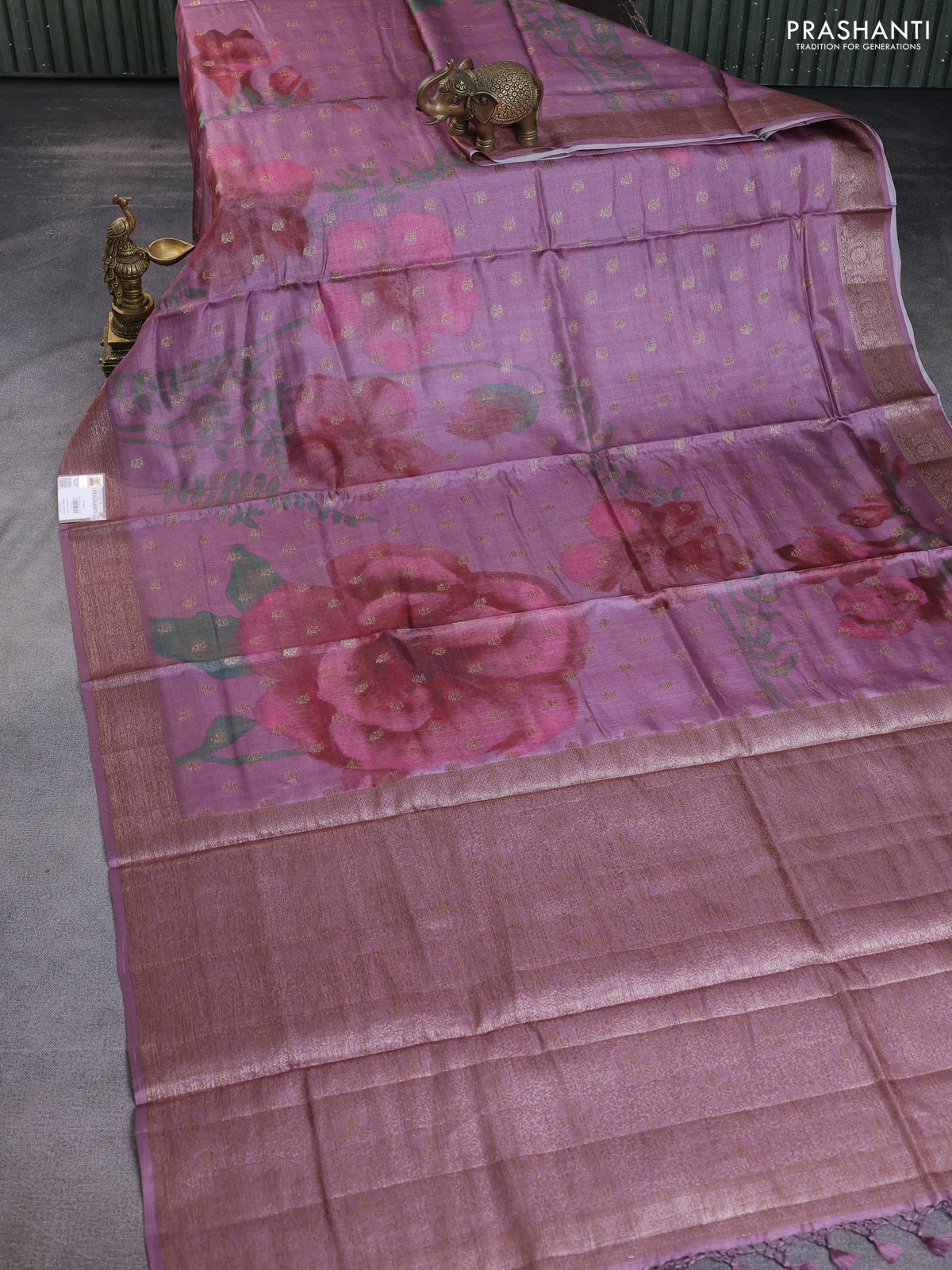 Banarasi tussar silk saree rosey brown with woven buttas & floral digital prints and woven border