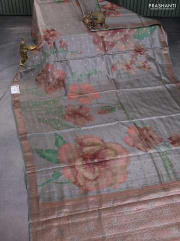 Banarasi tussar silk saree grey shade with woven buttas & floral digital prints and woven border