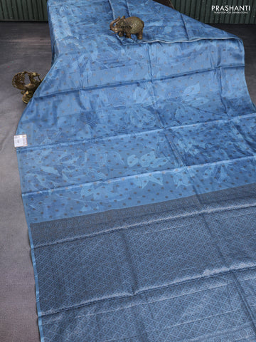 Banarasi tussar silk saree pastel blue with woven buttas & floral digital prints in borderless style