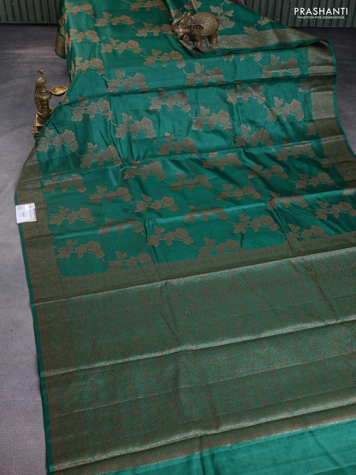 Banarasi tussar silk saree green with thread & zari woven buttas and banarasi style border