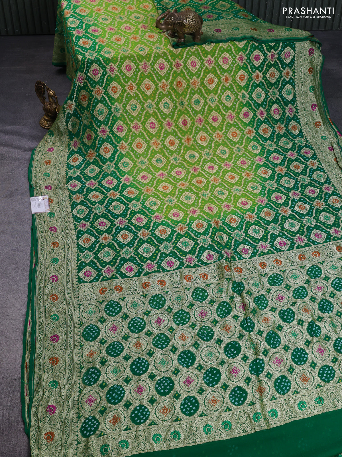 Banarasi georgette saree light green and green with bandhani prints & mina weaves and woven border