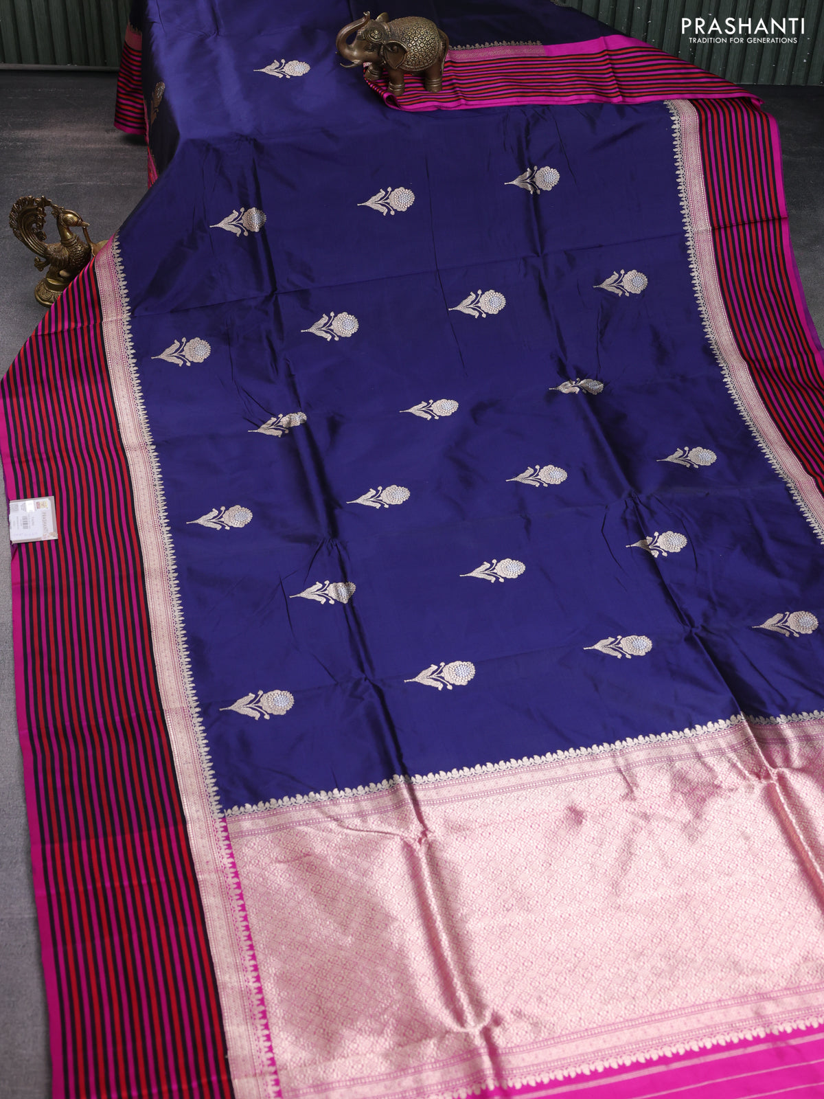 Banarasi katan silk saree navy blue and pink with zari woven floral buttas and zari woven simple border
