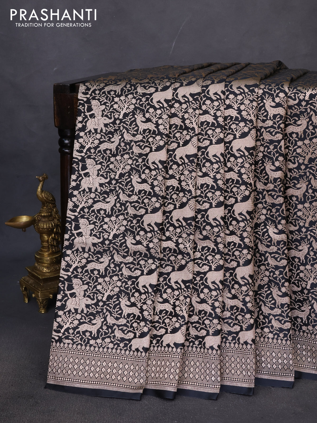 Banarasi semi katan saree black with allover vanasingaram zari weaves and woven border