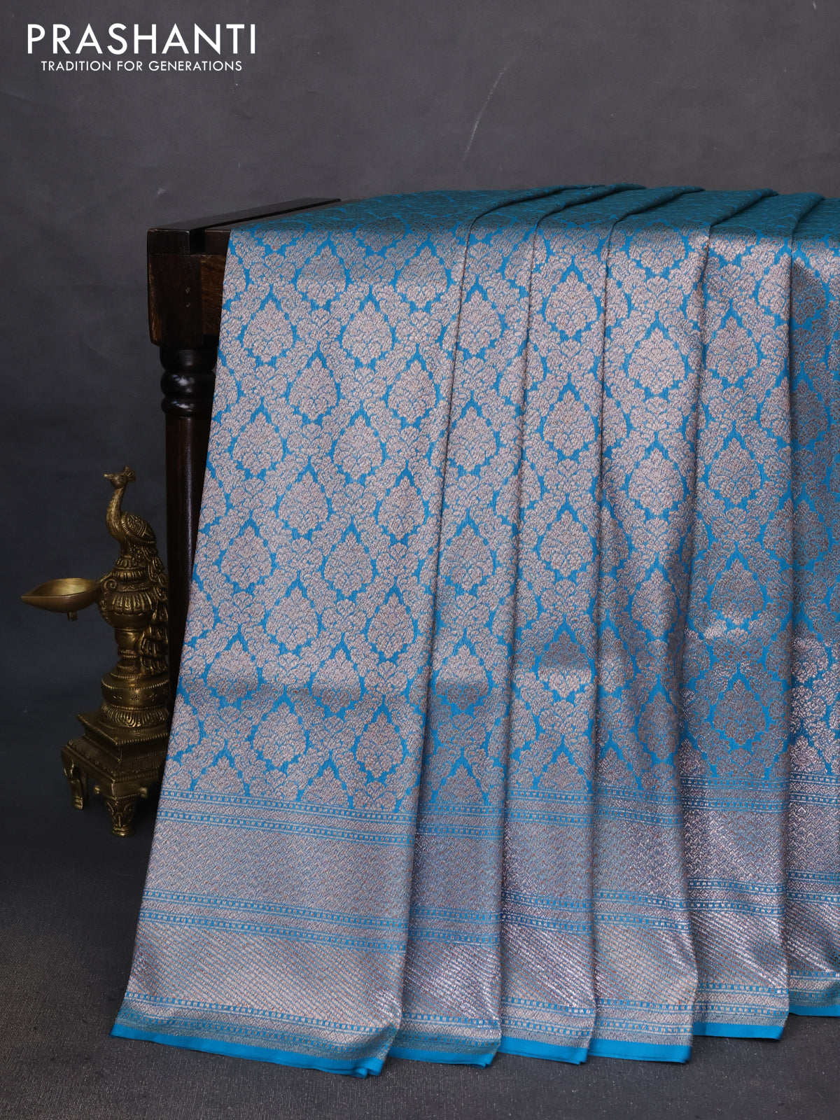 Banarasi semi katan saree cs blue with allover thread & zari woven brocade pattern and woven border