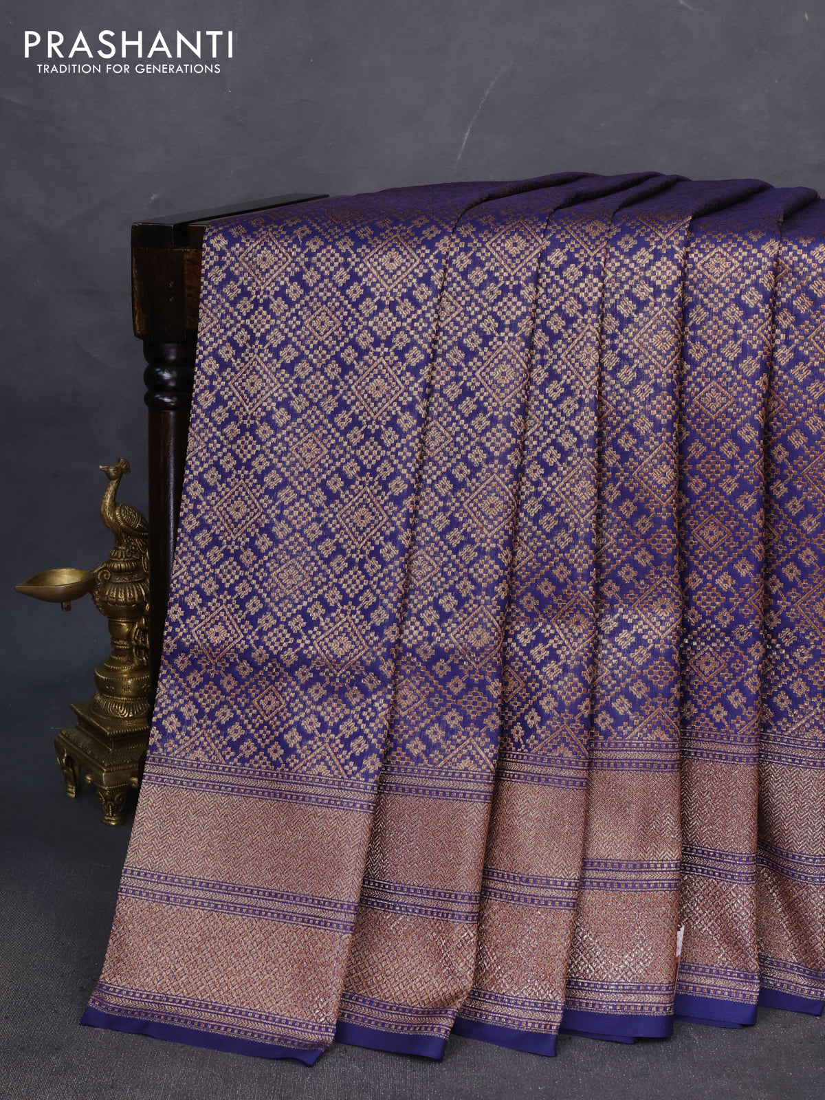 Banarasi semi katan saree navy blue with allover thread & zari weaves and woven border
