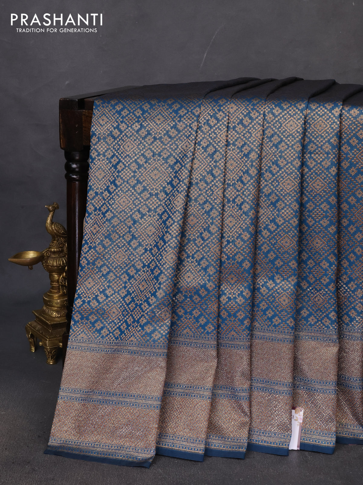 Banarasi semi katan saree peacock blue with allover thread & zari weaves and woven border