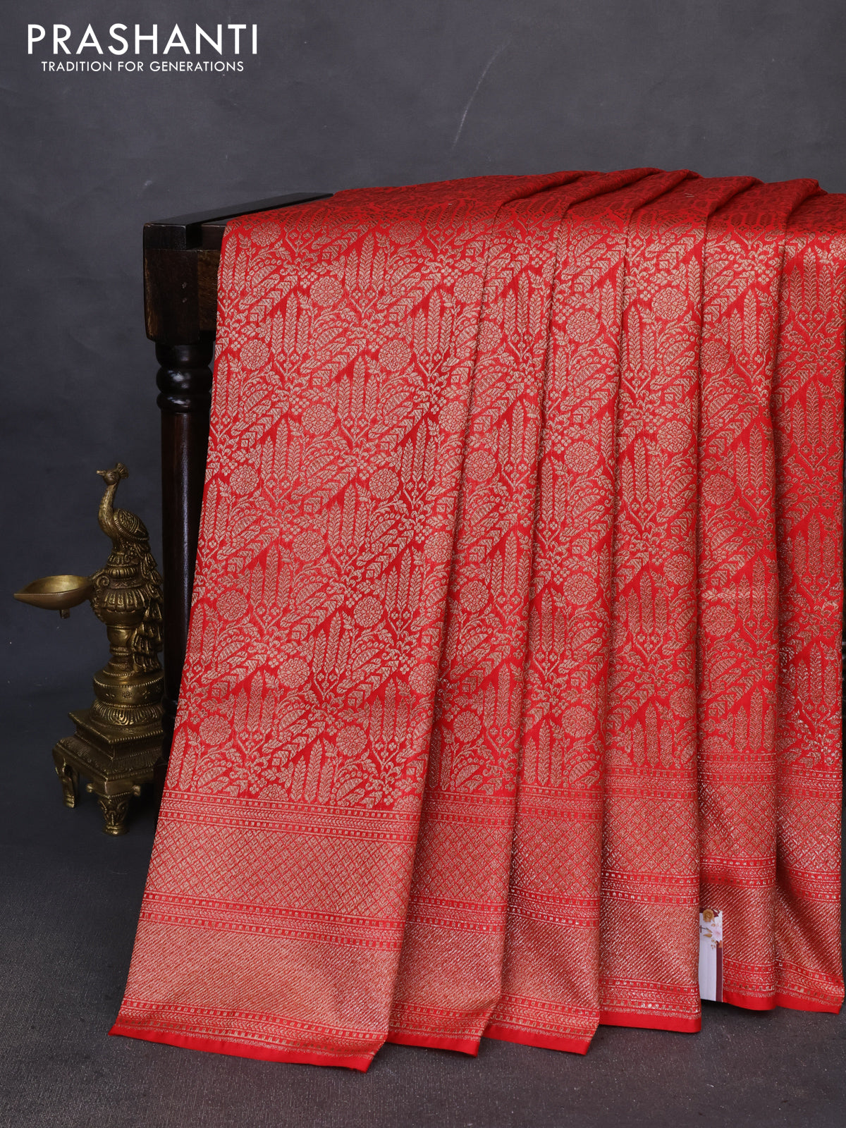 Banarasi semi katan saree red with allover thread & zari woven brocade weaves and woven border