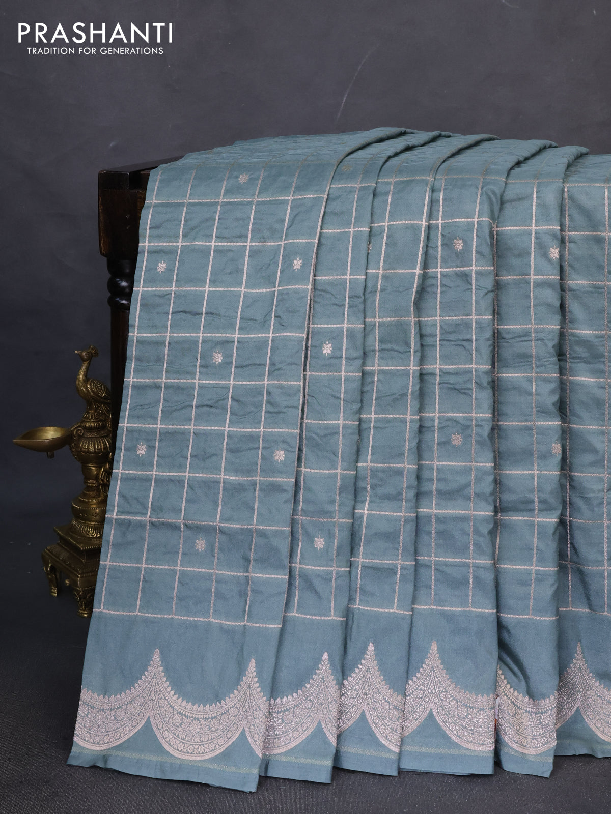 Banarasi semi katan saree pastel blue with allover zari checks and zari woven border