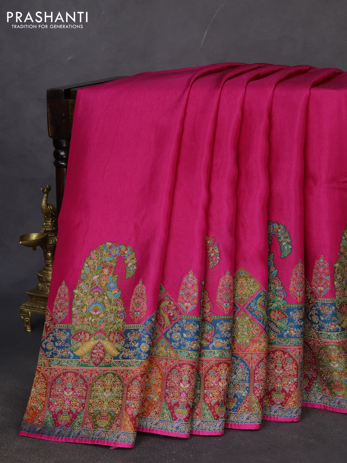 Banarasi silk saree pink with plain body and position prints