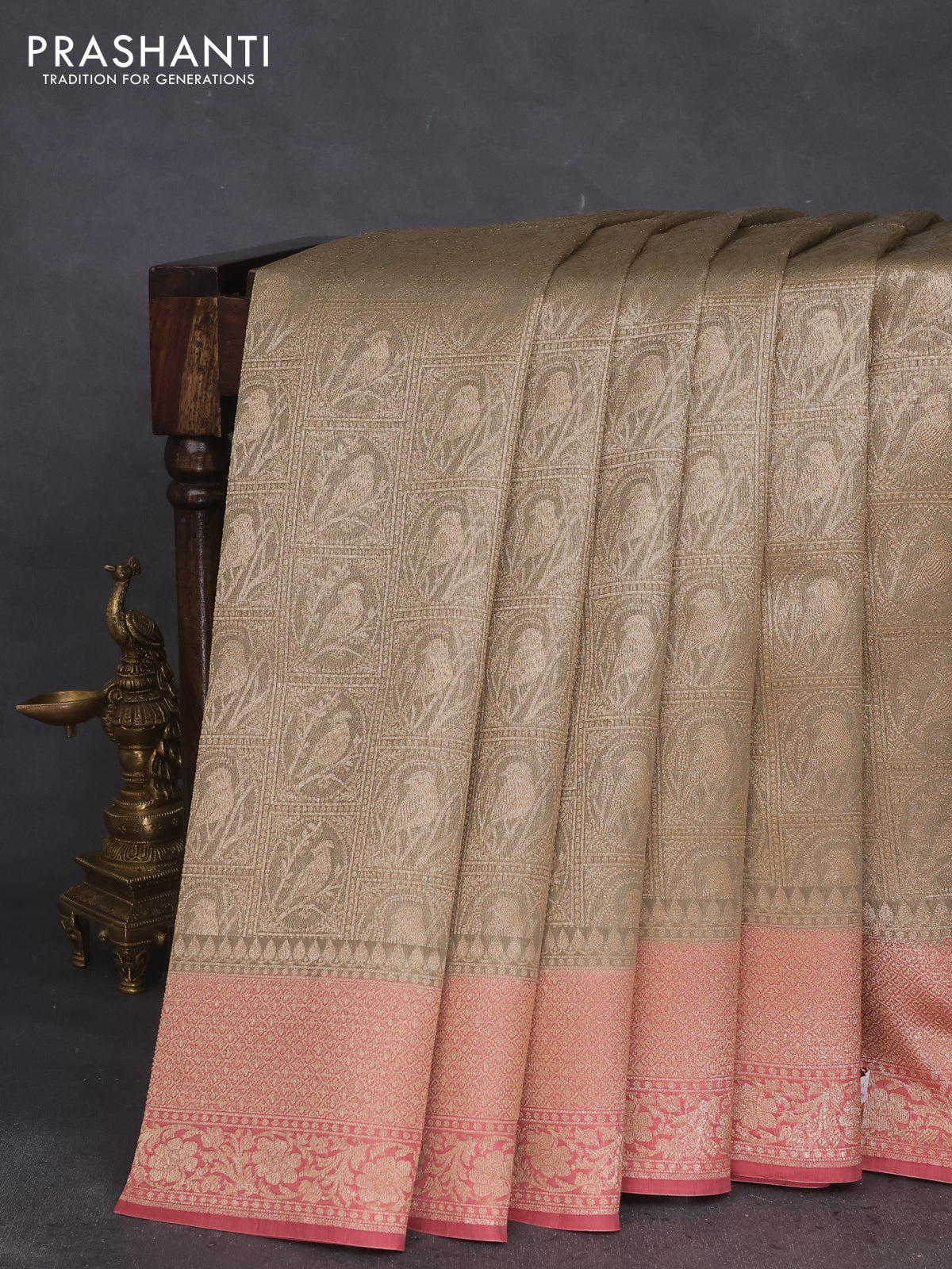 Banarasi silk cotton saree grey and pink shade with allover thread & zari woven brocade weaves and woven border