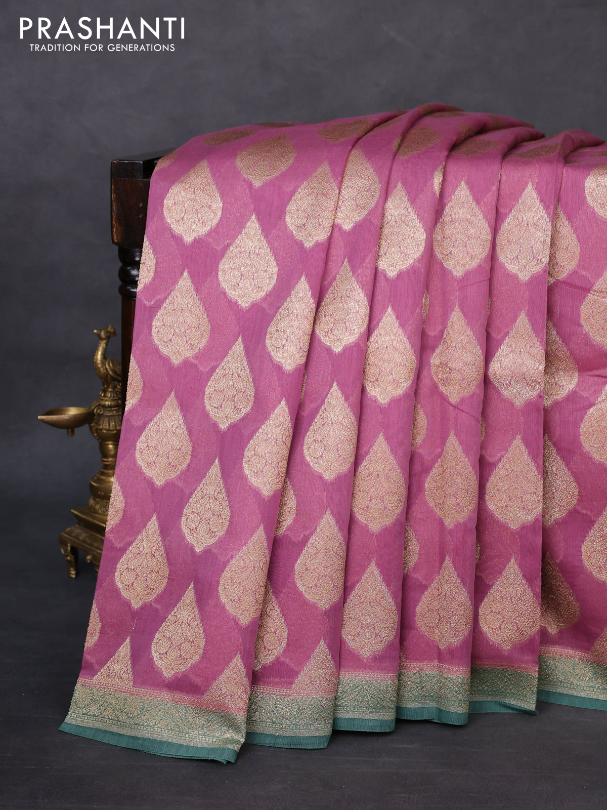 Banarasi silk cotton saree mauve pink and teal green with woven buttas and woven border
