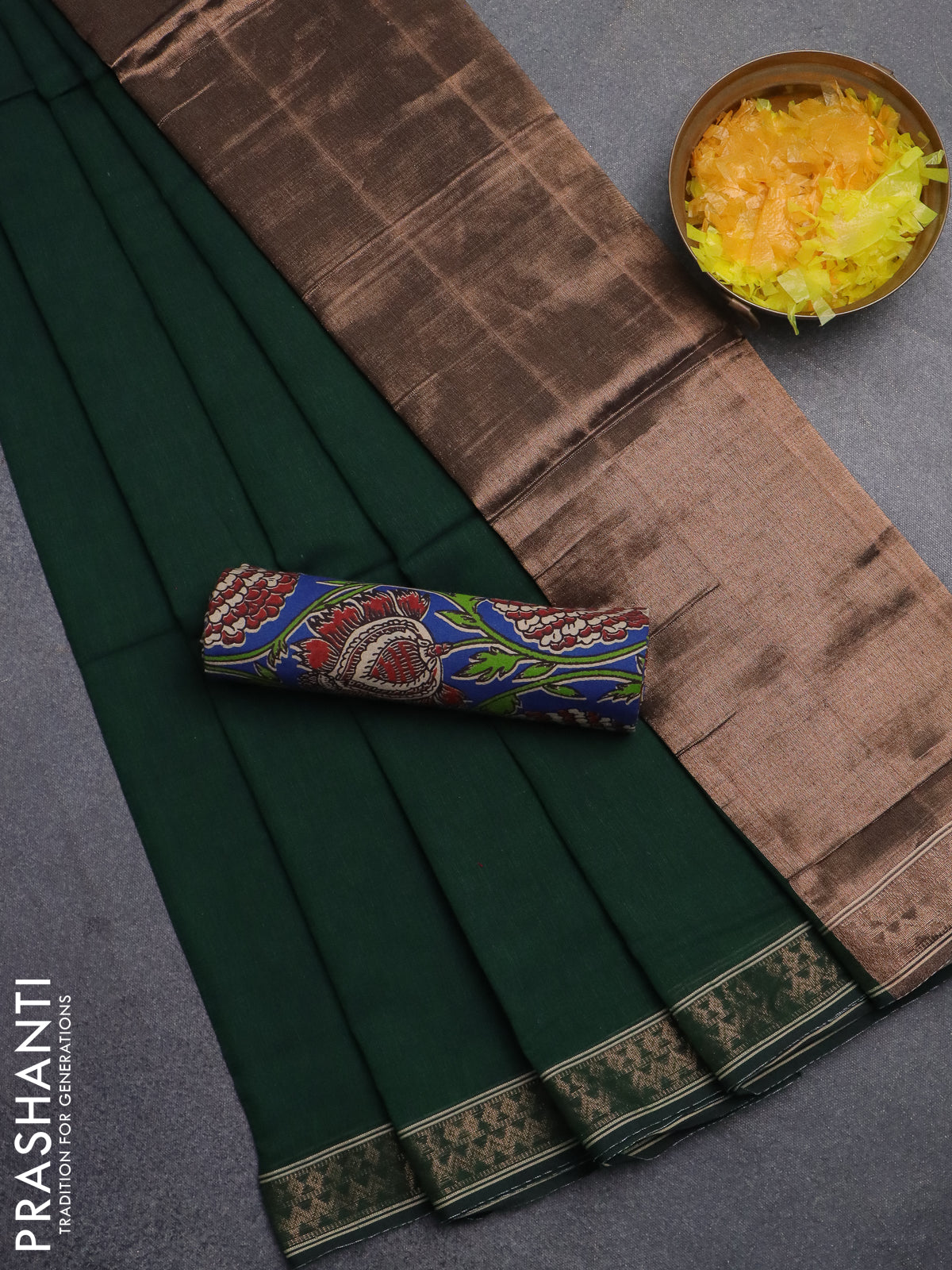 Bengal soft cotton saree bottle green and blue with plain body and zari woven border