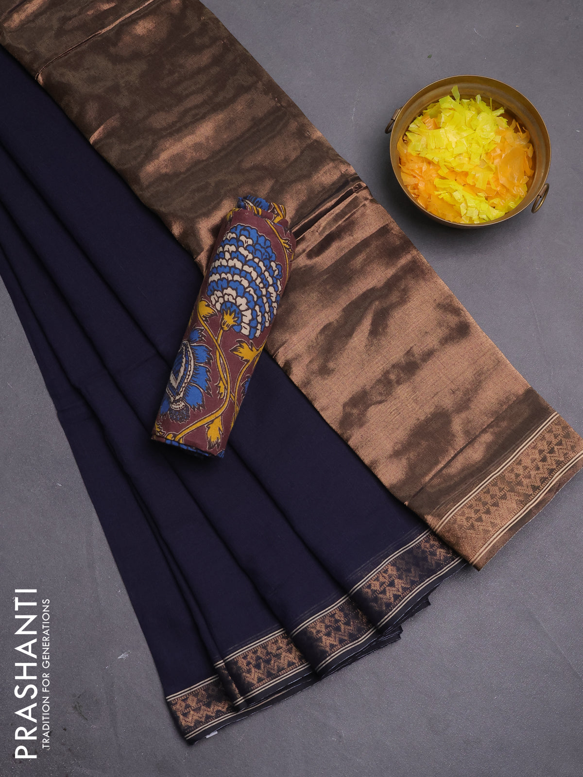 Bengal soft cotton saree navy blue and brown with plain body and zari woven border