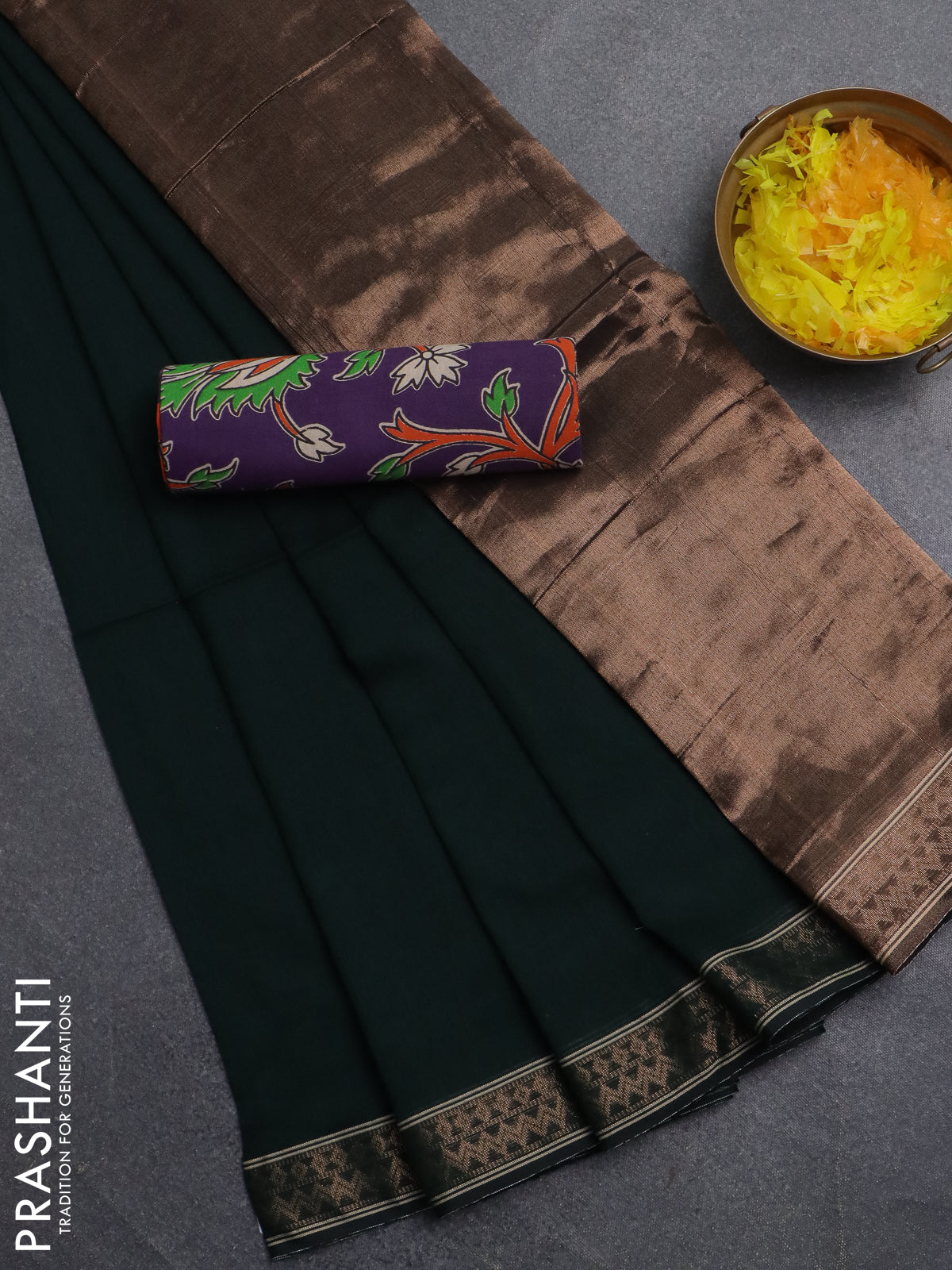 Bengal soft cotton saree green and violet with plain body and zari woven border