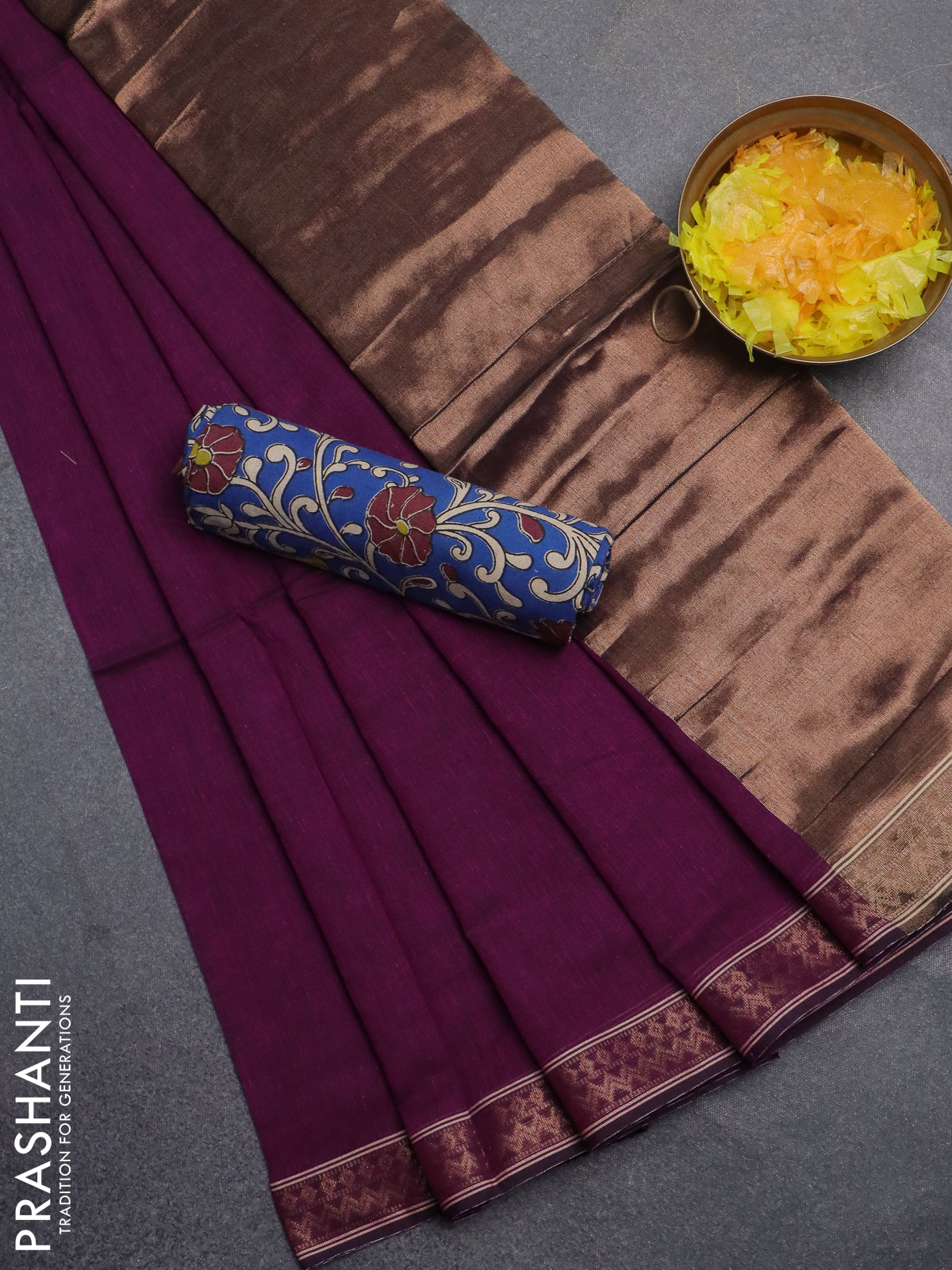 Bengal soft cotton saree purple and blue with plain body and zari woven border
