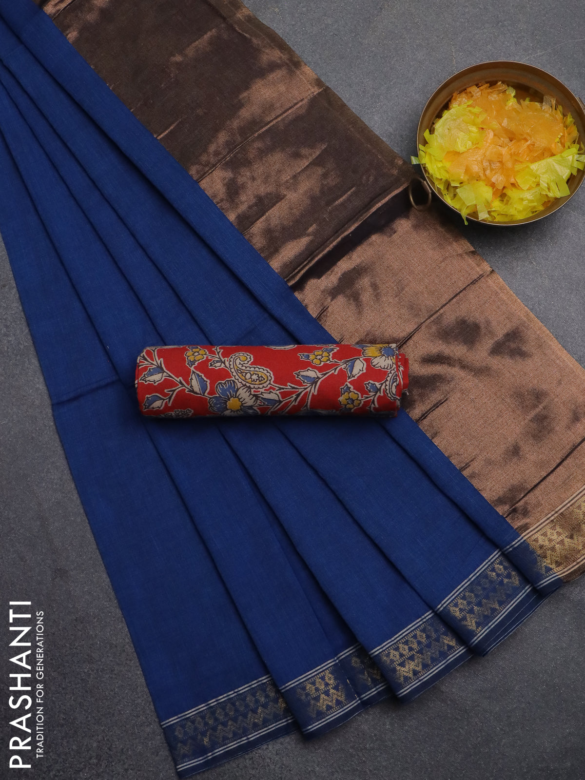 Bengal soft cotton saree blue and red with plain body and zari woven border
