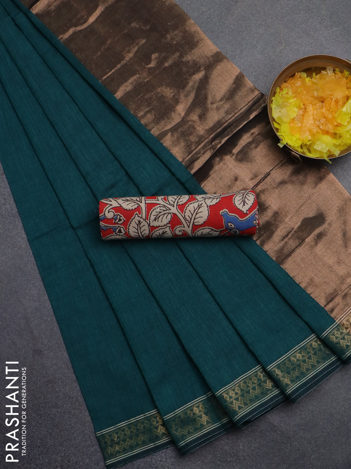 Bengal soft cotton saree teal green and red with plain body and zari woven border