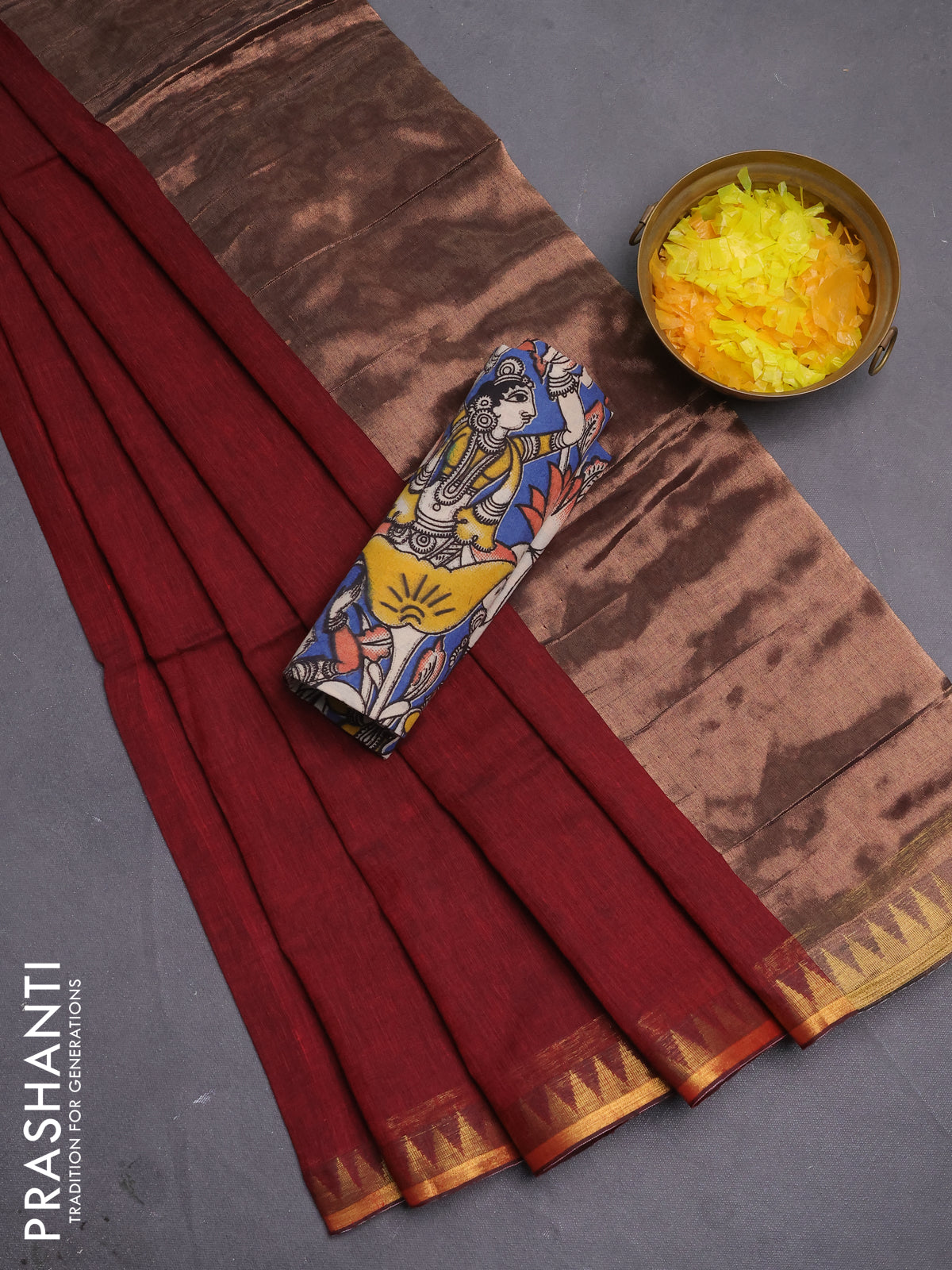 Bengal soft cotton saree maroon and blue with plain body and zari woven border
