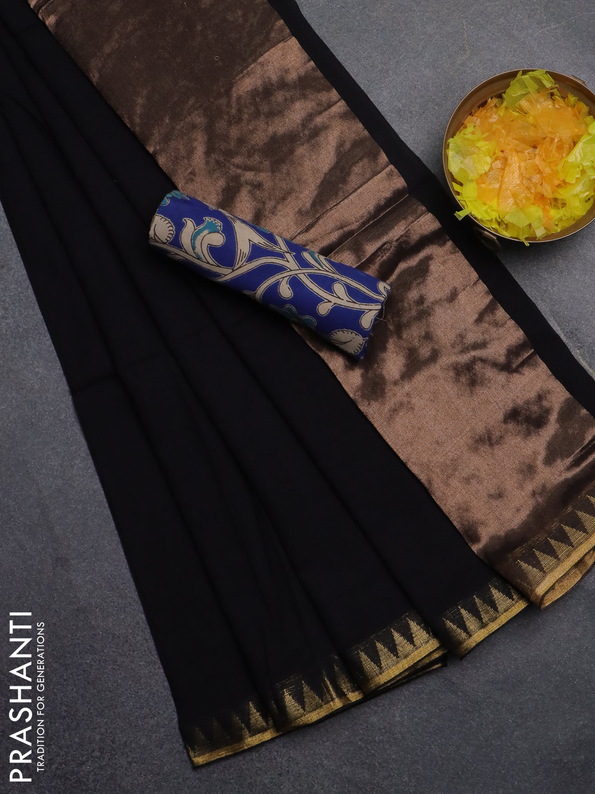 Bengal soft cotton saree black and blue with plain body and zari woven border