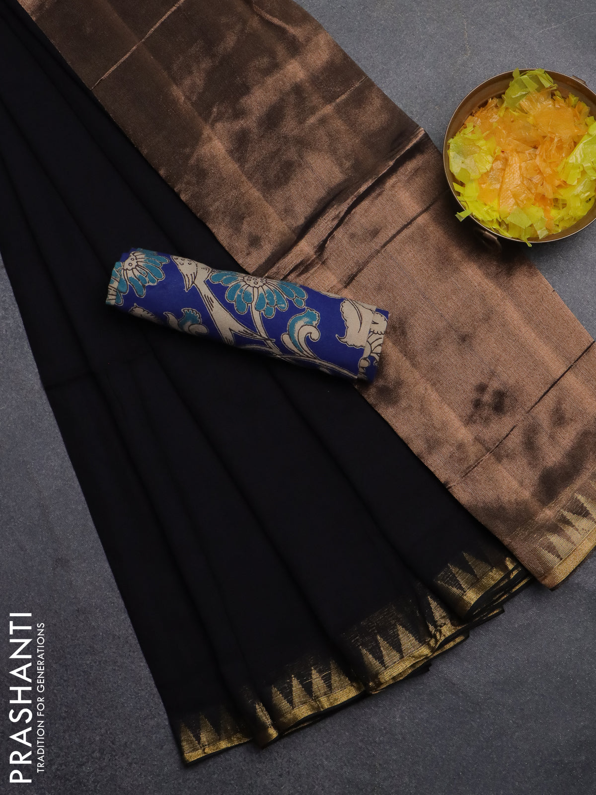 Bengal soft cotton saree black and blue with plain body and zari woven border