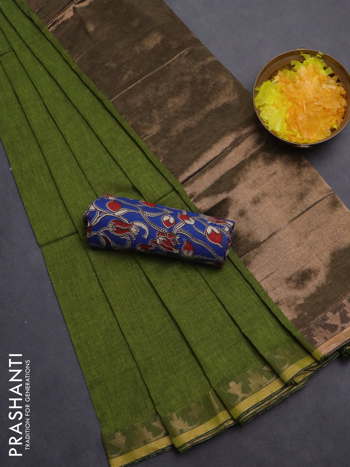 Bengal soft cotton saree green and blue with plain body and zari woven border