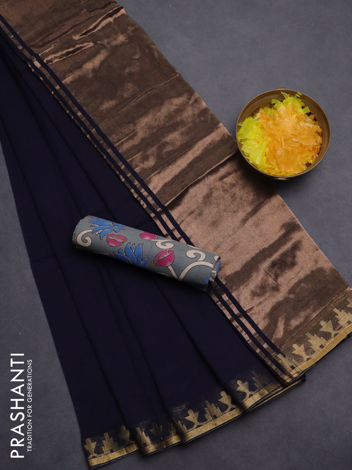 Bengal soft cotton saree navy blue and grey with plain body and zari woven border