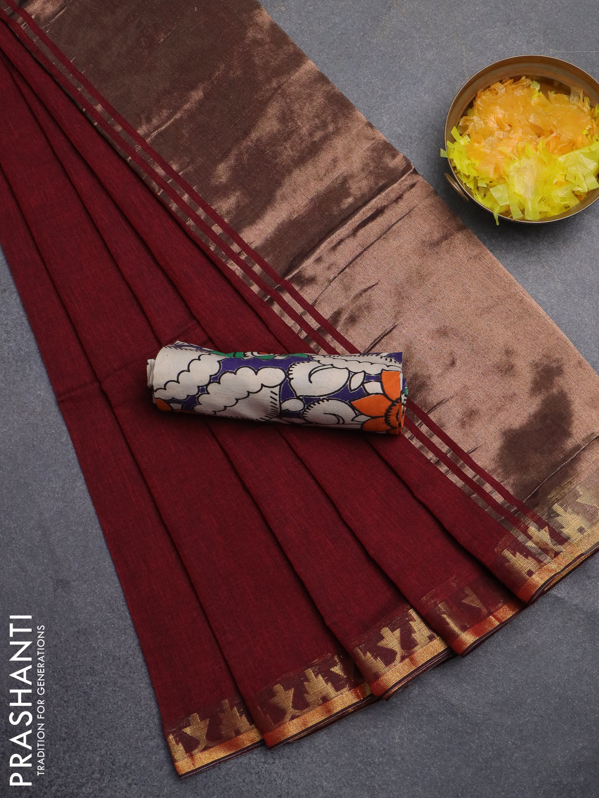 Bengal soft cotton saree maroon and blue with plain body and zari woven border