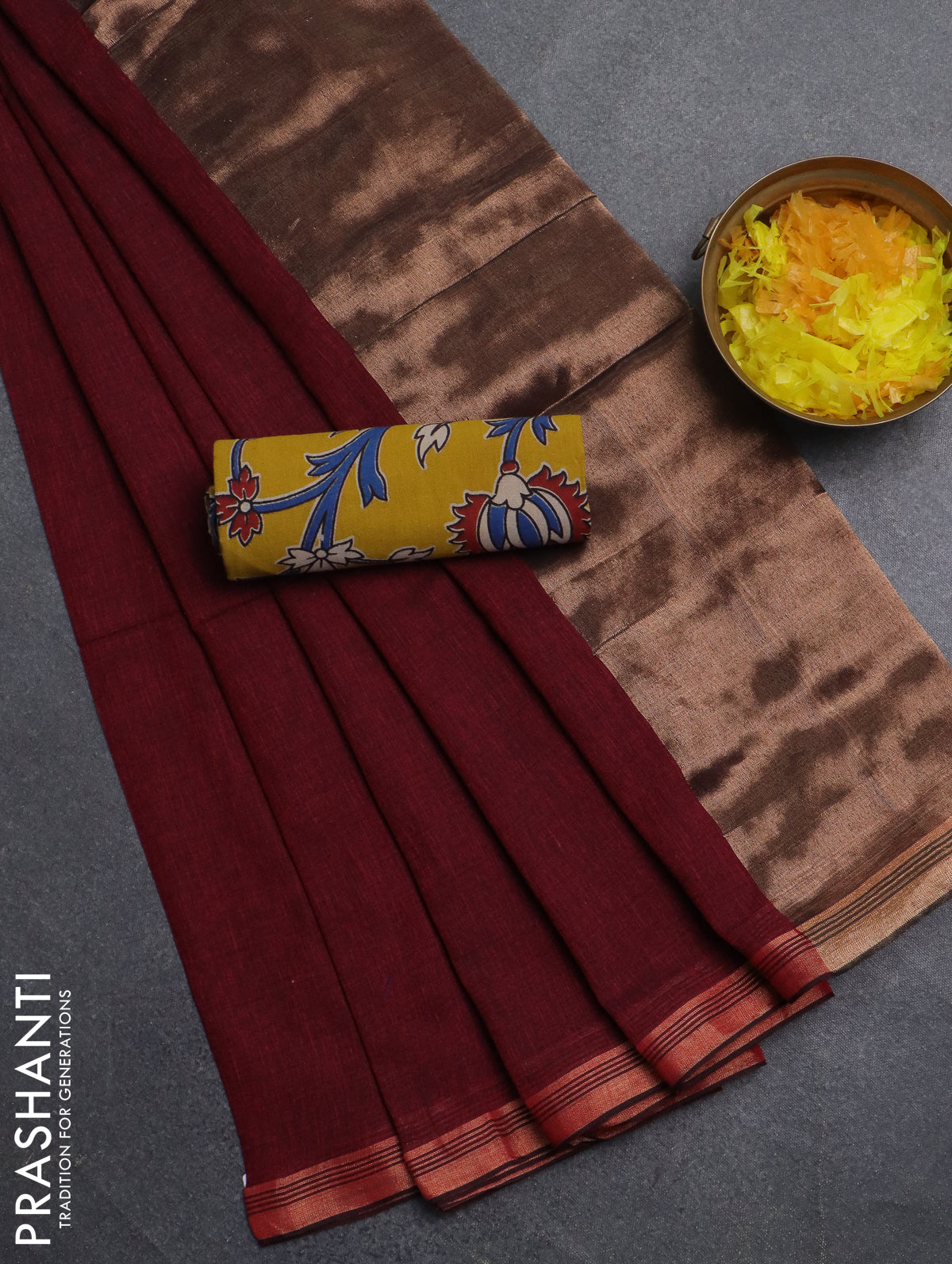 Bengal soft cotton saree maroon and yellow with plain body and zari woven border