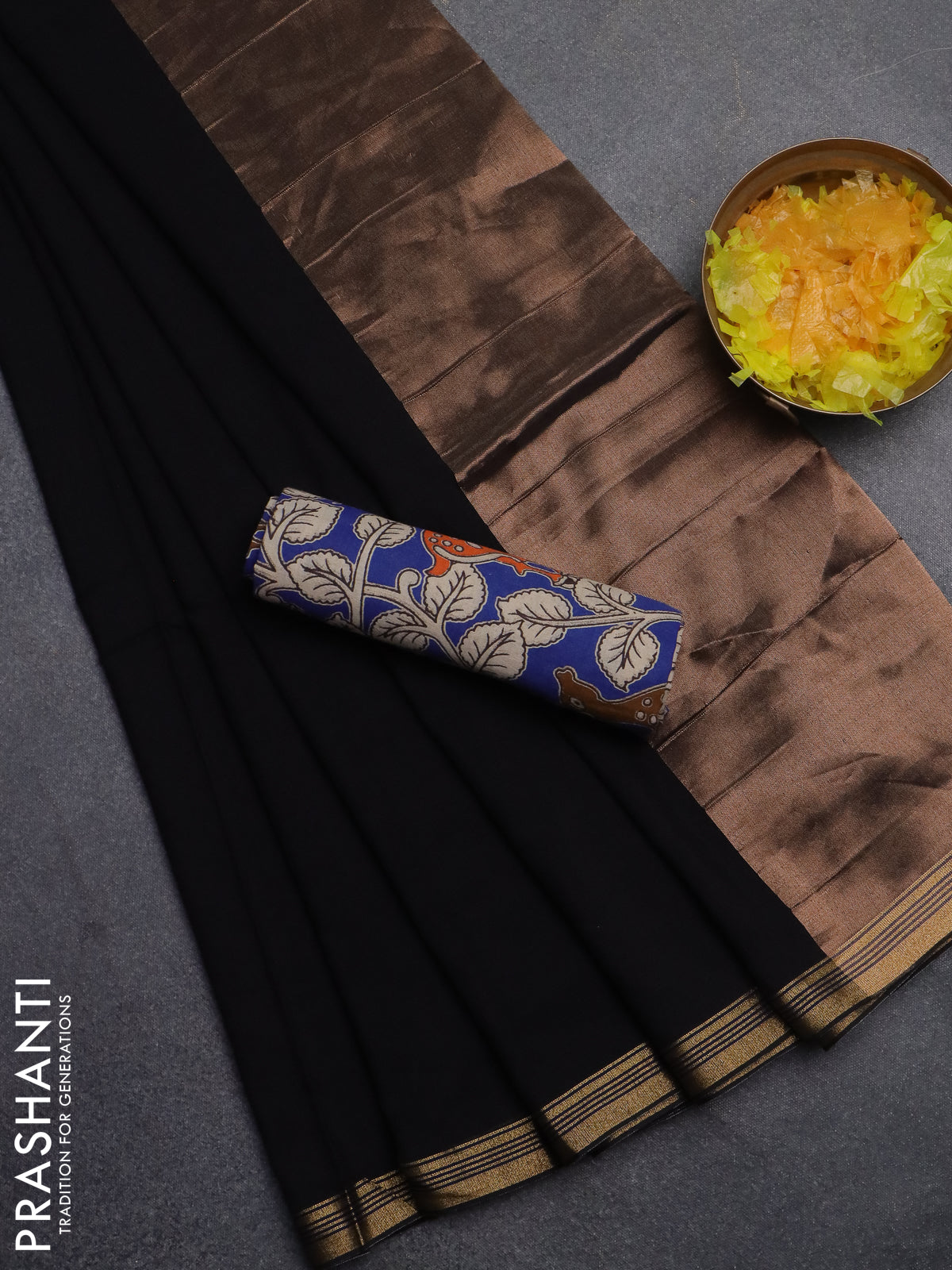 Bengal soft cotton saree black and blue with plain body and zari woven border
