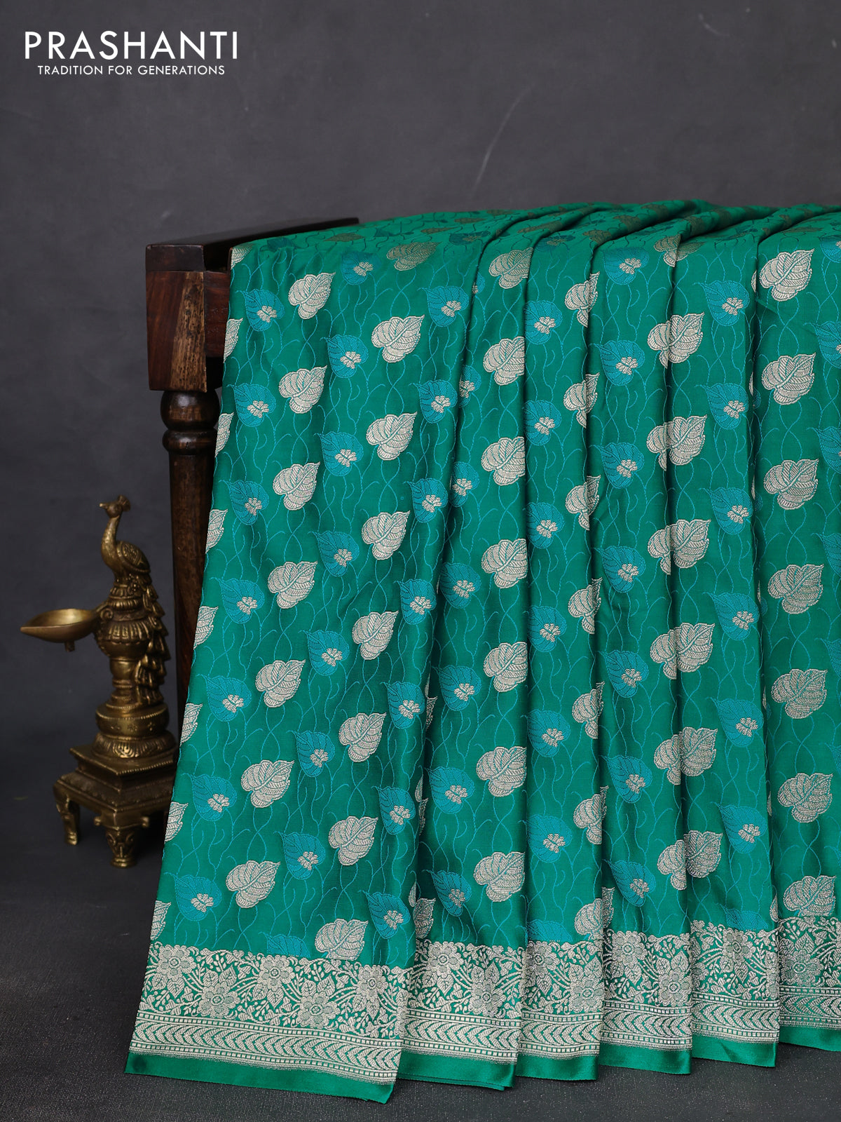 Banarasi semi mushru silk saree teal green with allover thread & zari weaves and zari woven border