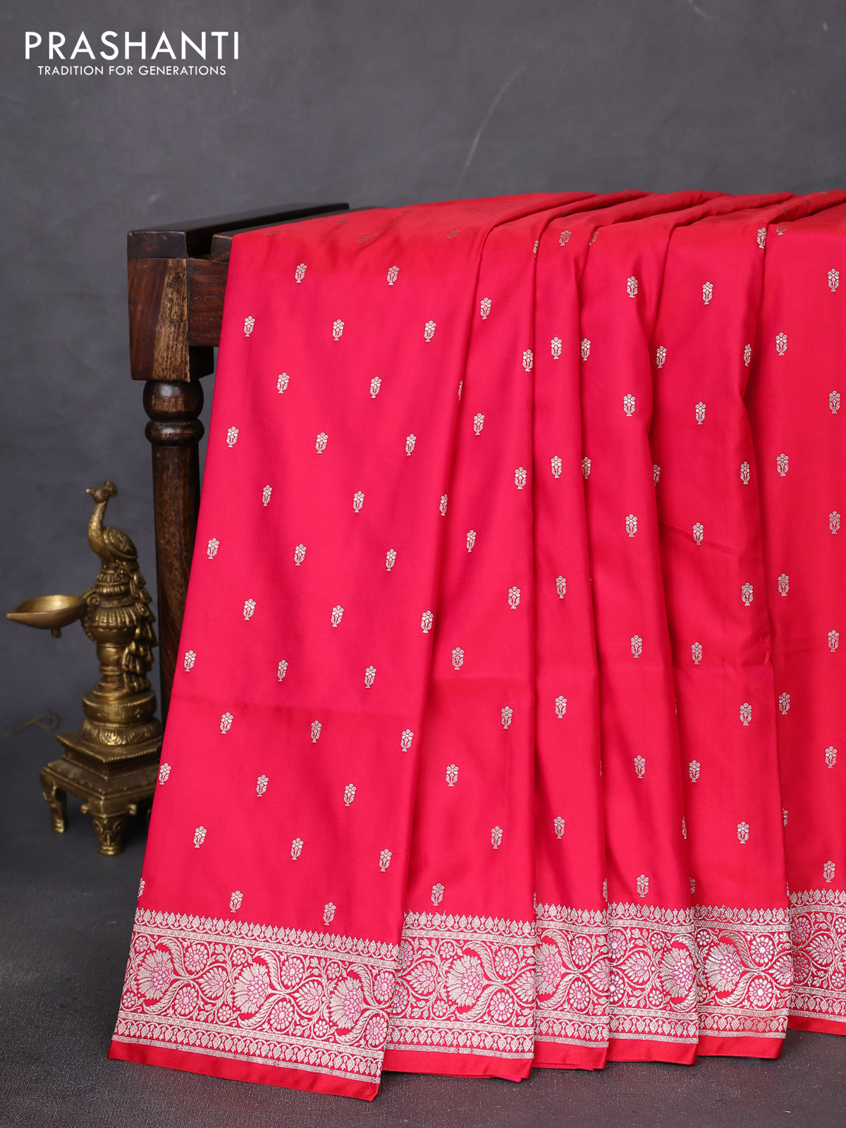 Banarasi semi mushru silk saree red with allover zari woven buttas and zari woven border