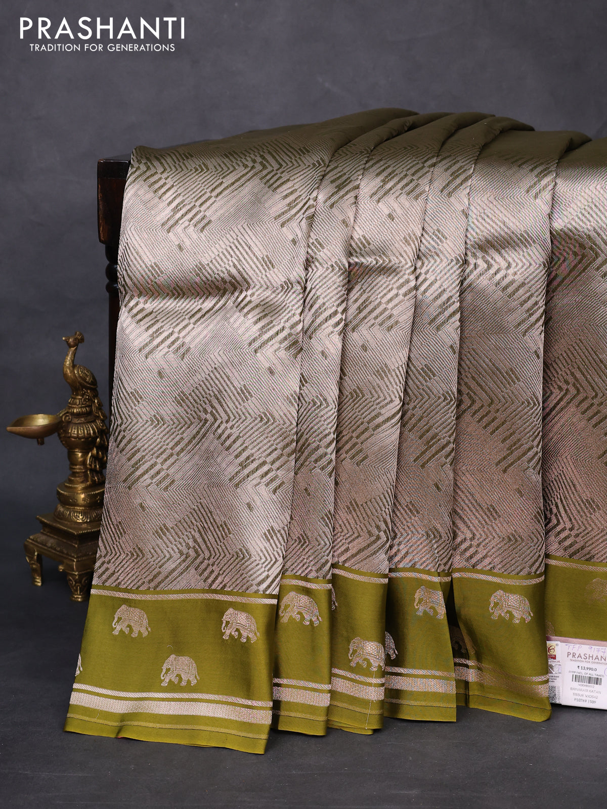 Banarasi katan silk saree mehendi green with allover zari woven brocade weaves and zari woven butta border
