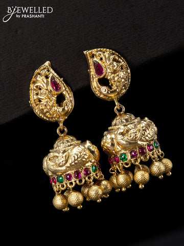 Antique jhumka peacock design with kemp stones and golden beads hangings