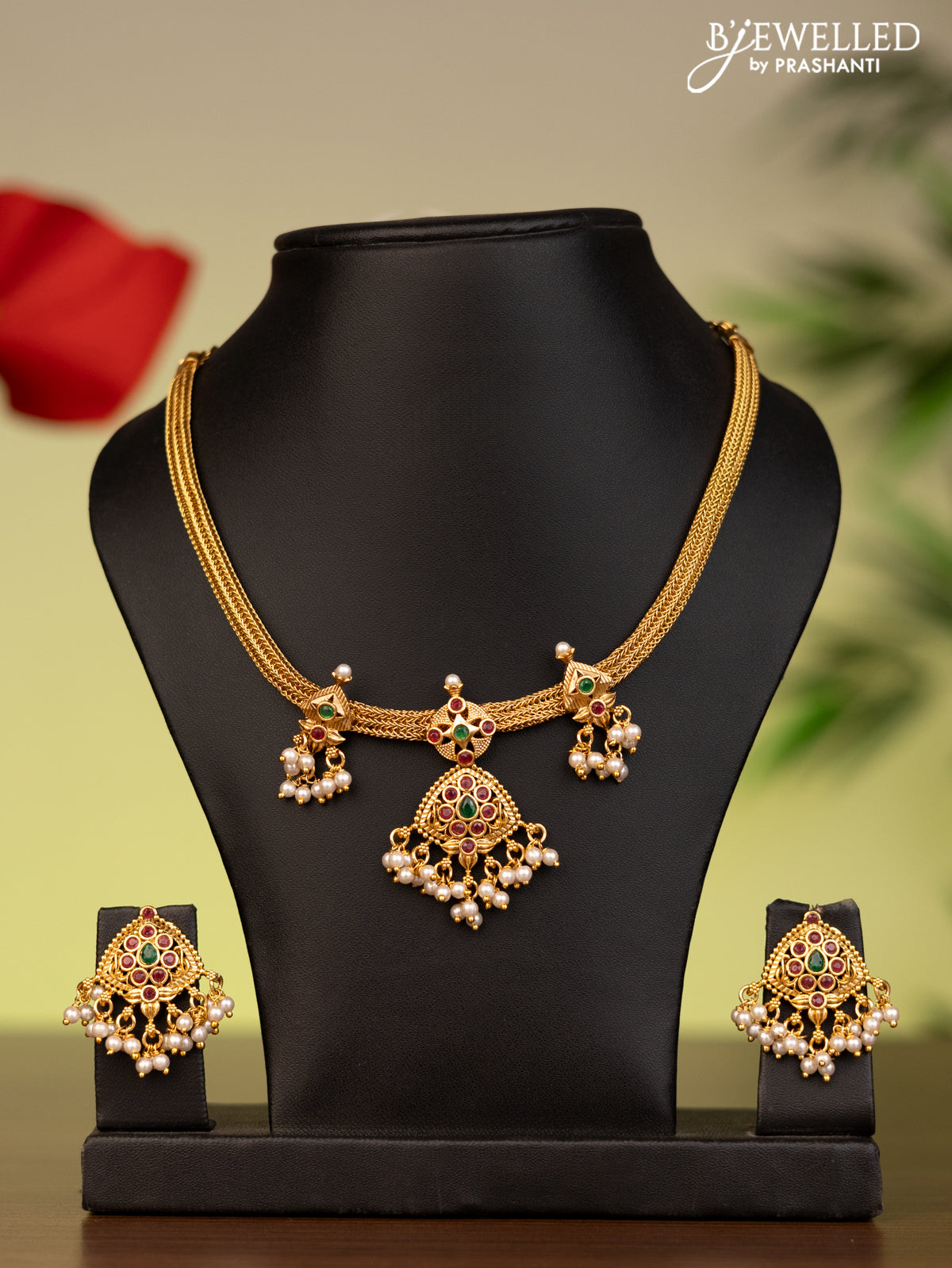 Antique attigai necklace with kemp stones and pearl hangings